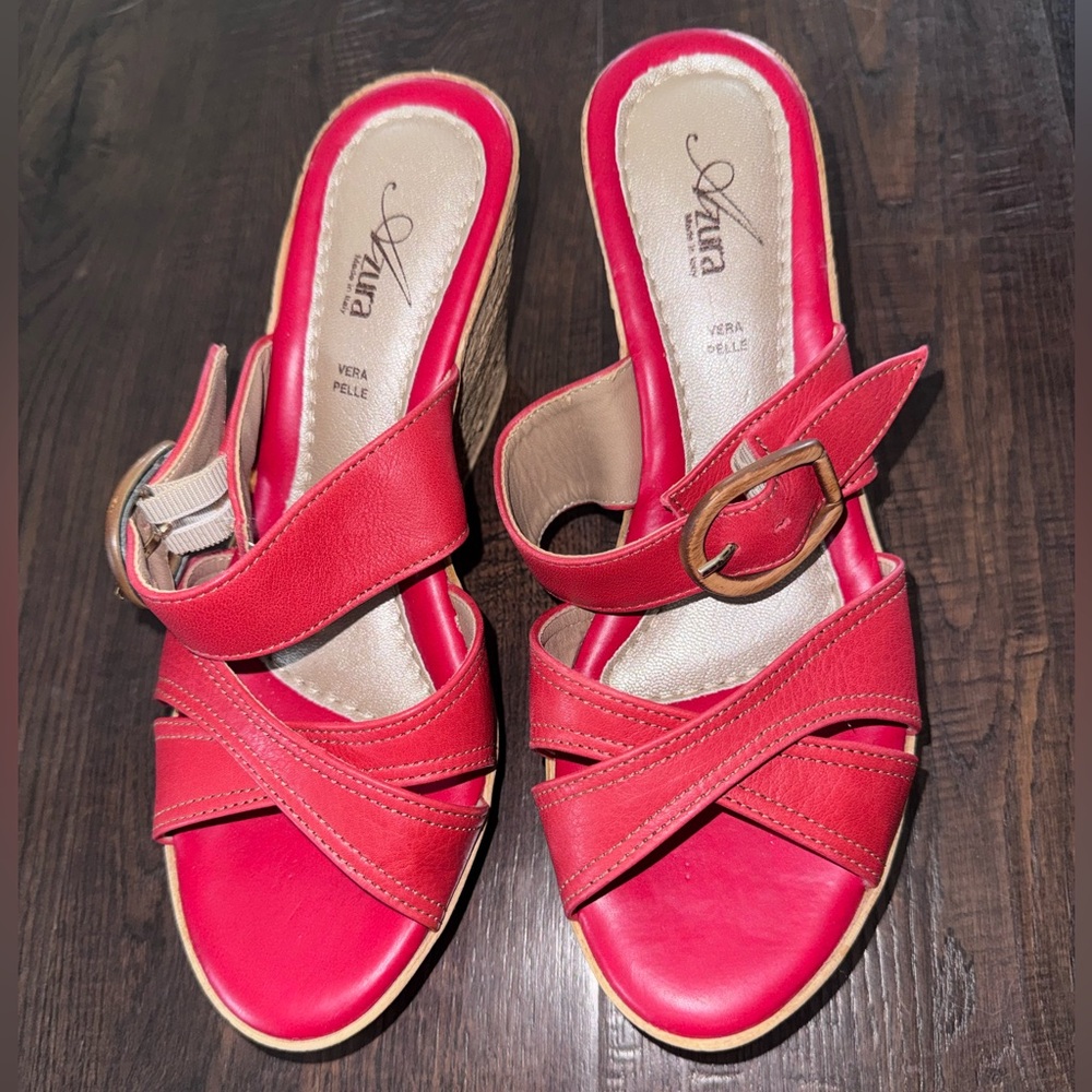 Azura Red Leather Crisscross Wedged Sandals Made in Italy